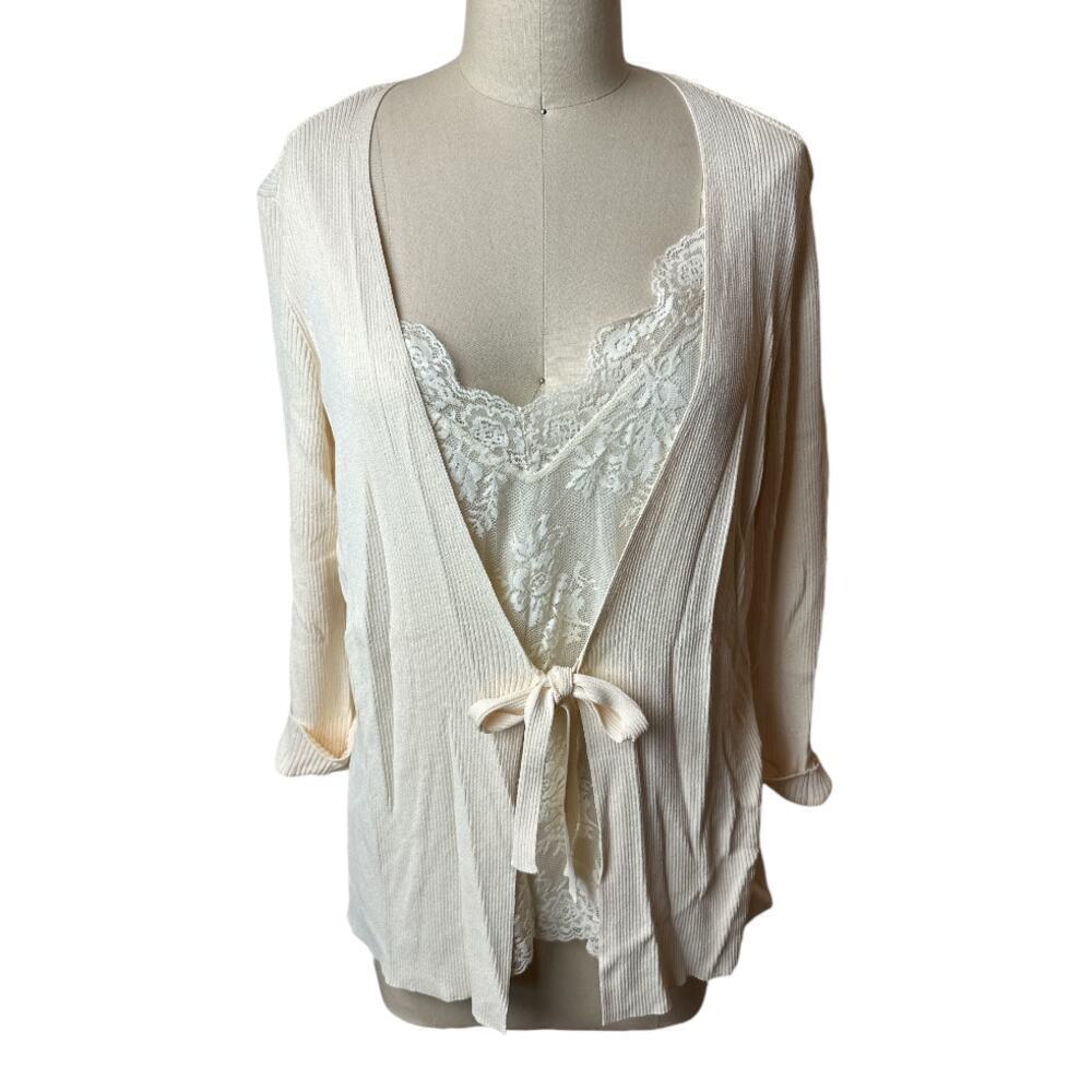 Escada Cream Layered Lace Tank Rib Knit 3/4 Sleeve Cardigan Women's Size 44 US L